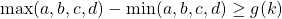 \max(a,b,c,d) - \min(a,b,c,d) \geq g(k)